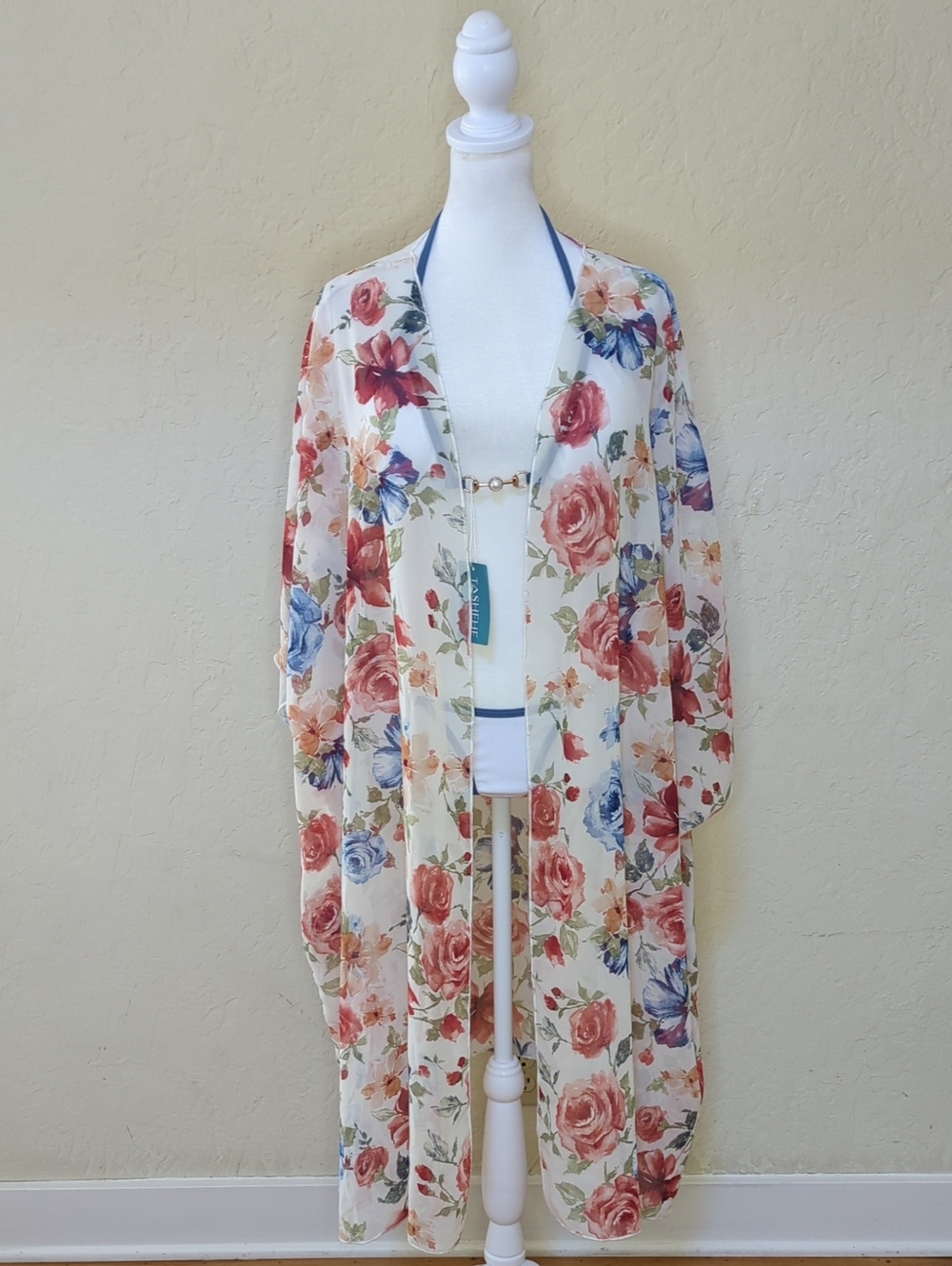 Try This Sheer White Rose Print Open Front Half-Sleeves Chiffon Kimono One Size